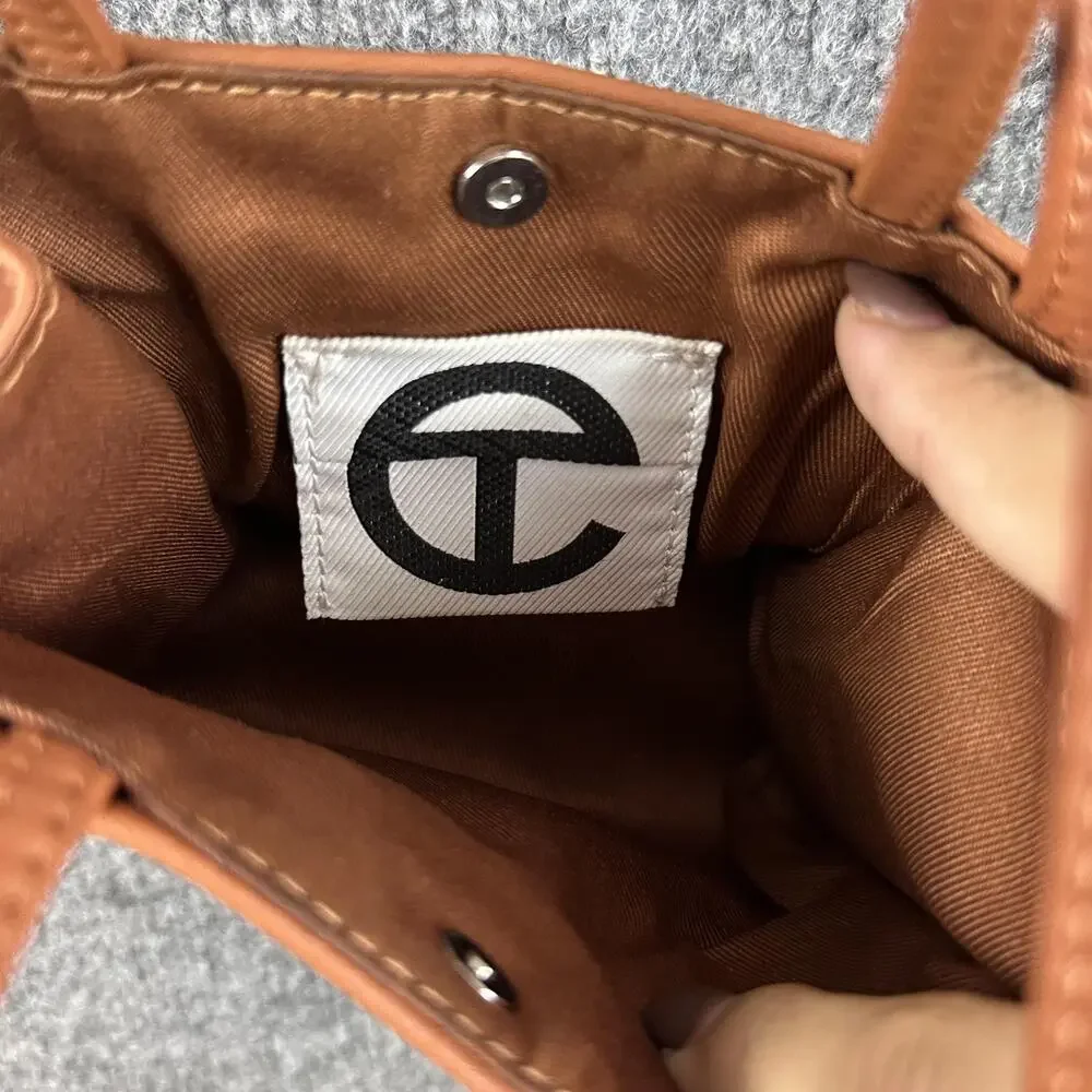 Telfar Small Shopping Bag in Tan Vegan Leather Crossbody Faux Leather Logo Purse